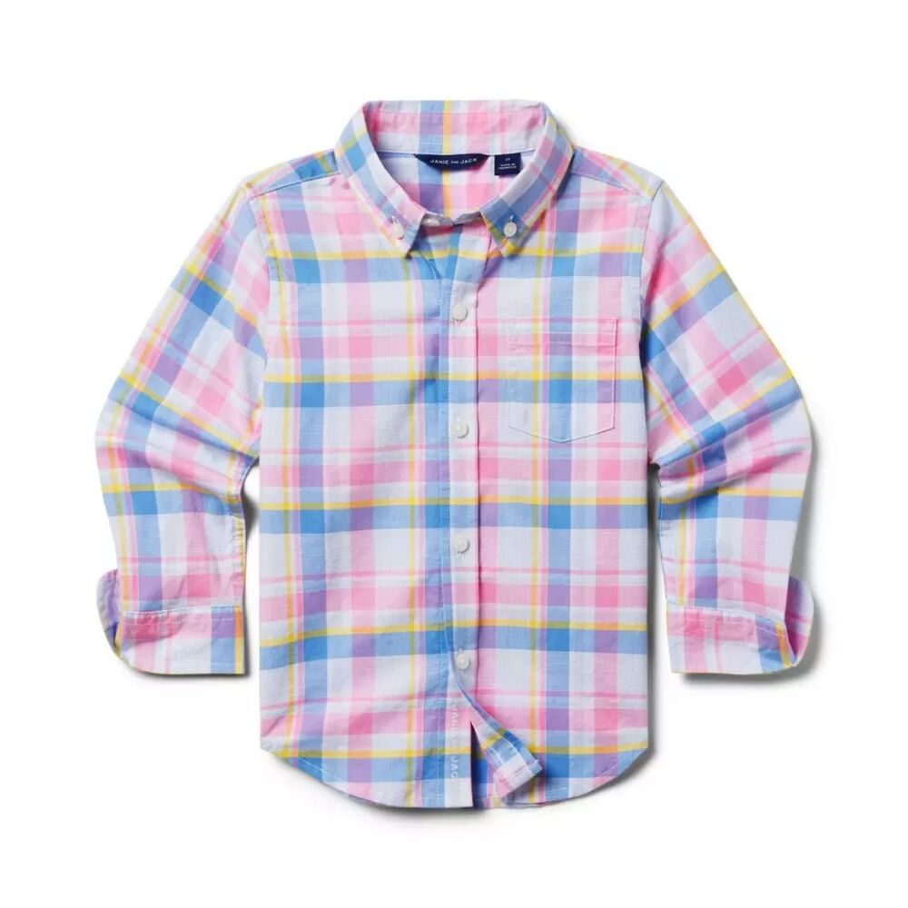 Boys 2T Janie and Jack Blue/Pink/Yellow Madras Plaid LS Button Down Shirt